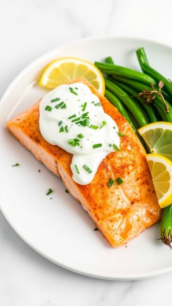 Air fryer salmon fillet with Greek yogurt sauce and lemon wedges on a white plate.